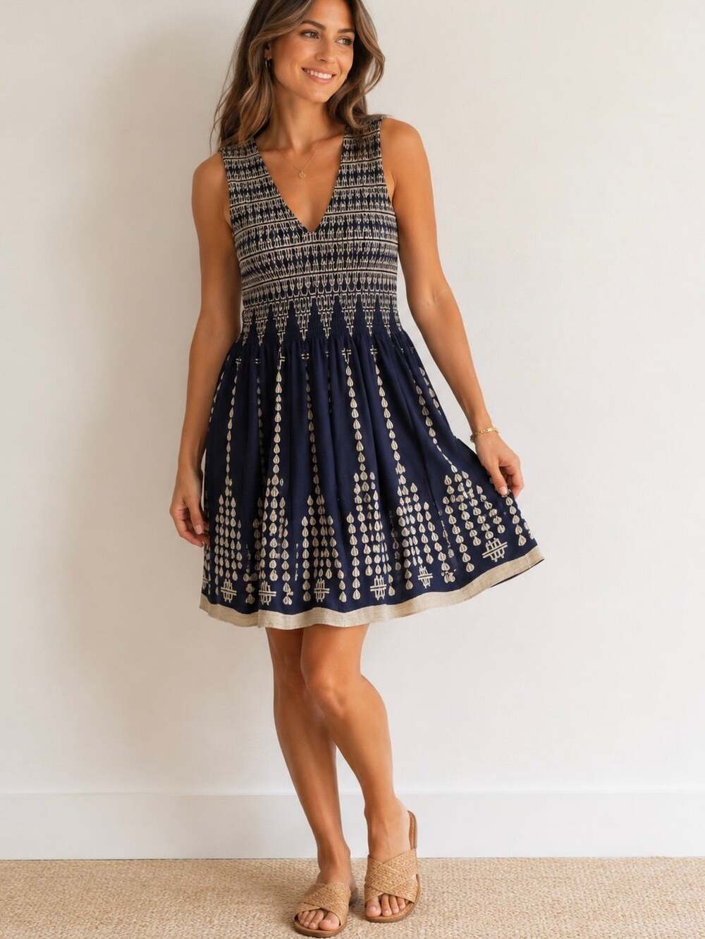 Max Edition Smocked Sleeveless Navy Blue Cream Fit Flare Mini Dress Small